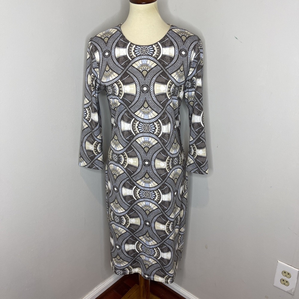 J Mclaughlin Devon Midi Sheath Dress 3/4 Sleeve Tan Chocolate Print Size Medium